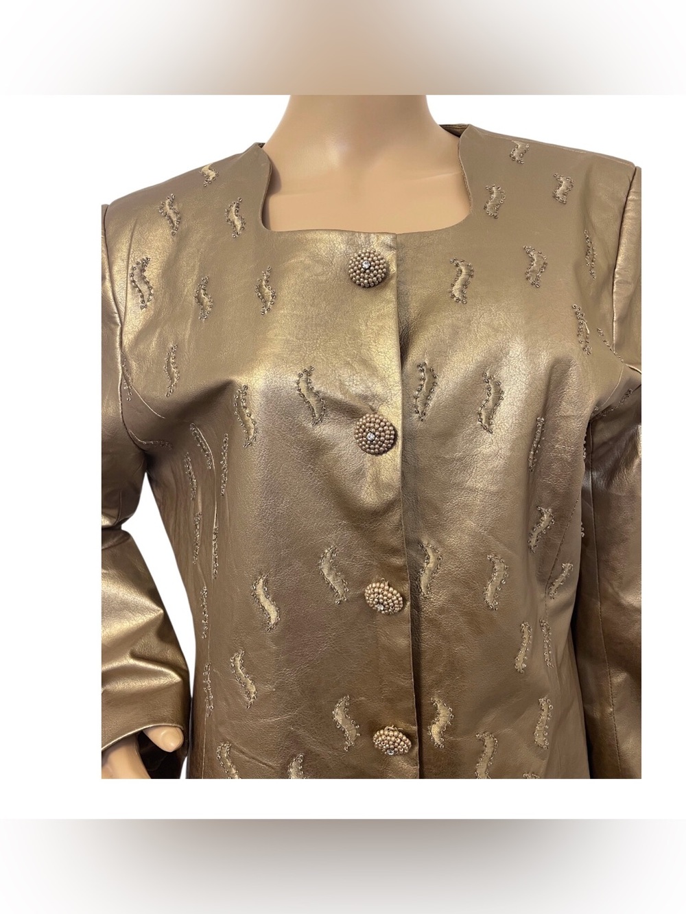 Mattina J. Metallic Gold Embroidered Button-Up Women's Jacket, 14. - Picture 2 of 12